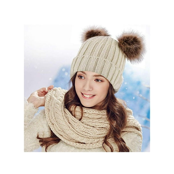 Arctic Paw Cable Knit Beanie with Faux Fur Pompom Ears